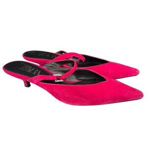 ZARA Fuchsia Pink Suede Kitten Heel Slides Size 37